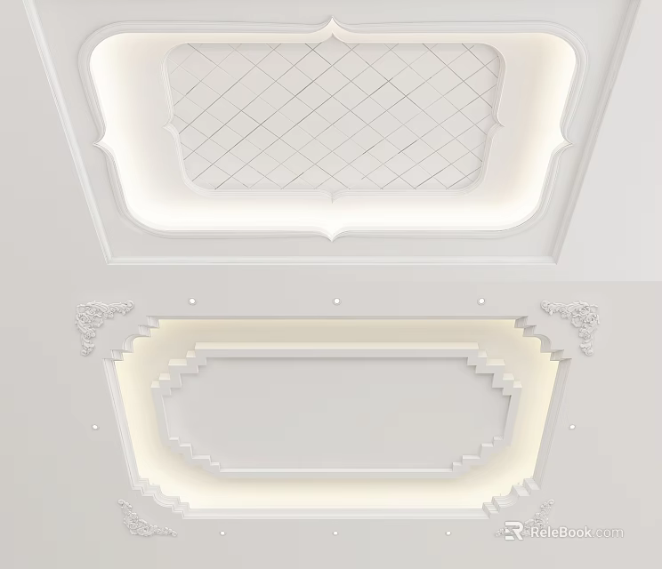 Modern White Ceiling Design With Grid Pattern Lighting Strips And Decorative Borders 3d model