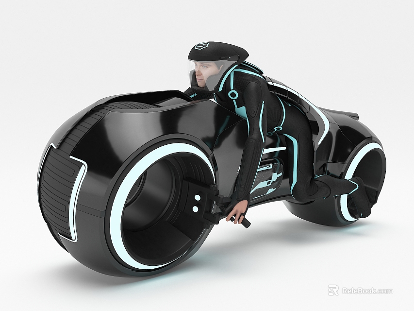 Sleek Futuristic Motorcycle With Black Body Illuminated Rims And Cyberpunk Rider 3d model 