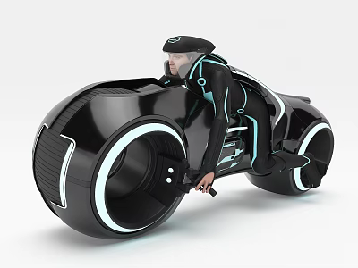 Sleek Futuristic Motorcycle With Black Body Illuminated Rims And Cyberpunk Rider 3d model