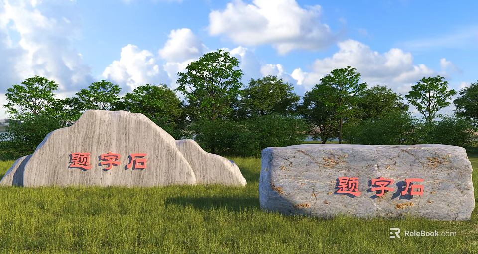 Rockery Stones with Red Inscriptions Surrounded by Green Grass and Trees Under Blue Sky 3d model 