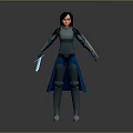 Woman Standing in Blue and Black Armor Holding Sword and Shield