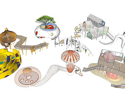 Colorful Playground Equipment Featuring Mushroom Shaped Pavilion Hot Air Balloon Structure Slide Net Climbing Facility And Wooden Walkway 3d model