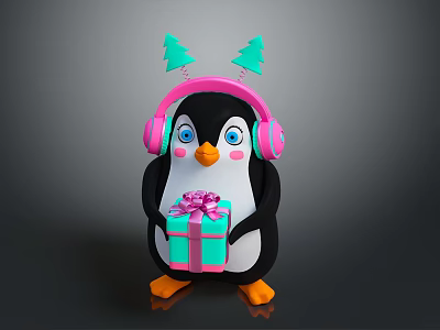 Adorable Penguin Wearing Pink Headphones With Green Christmas Trees Holding Gift Box With Pink Bow 3d model
