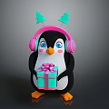 Adorable Penguin Wearing Pink Headphones With Green Christmas Trees Holding Gift Box With Pink Bow