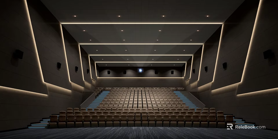 Modern Cinema Hall Interior With Spacious Seating Arrangement And Ambient Lighting 3d model 