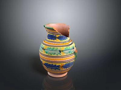 Ceramic Clay Jug With Broken Rim And Colorful Striped Decorative Patterns 3d model