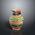 Ceramic Clay Jug With Broken Rim And Colorful Striped Decorative Patterns