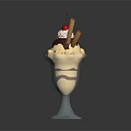 Creamy Ice Cream Sundae Topped with Chocolate Sauce Cherry and Waffle Sticks in Glass
