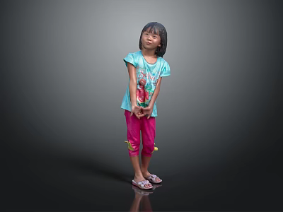 Little Girl Standing In Gray Background Wearing Light Blue Top Pink Pants And Sandals 3d model