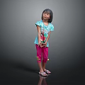 Little Girl Standing In Gray Background Wearing Light Blue Top Pink Pants And Sandals