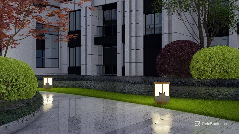 Outdoor Lights Illuminating Modern Building Exterior With Lawn And Stone Path 3d model 