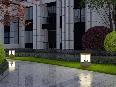 Outdoor Lights Illuminating Modern Building Exterior With Lawn And Stone Path 3d model