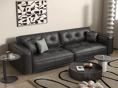 Black Leather Double Sofa With Checkered Pillow Coffee Table And Geometric Wall Art 3d model