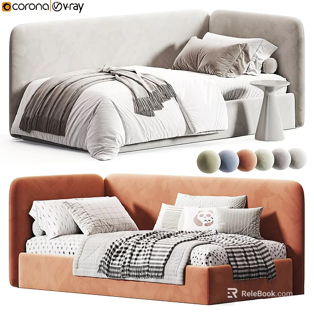 Cozy Children's Bed With Gray Orange Headboard Checkered Quilt Pillows And Decorative Balls 3d model 