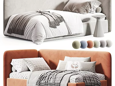 Cozy Children's Bed With Gray Orange Headboard Checkered Quilt Pillows And Decorative Balls 3d model
