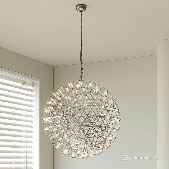 Spherical Metal Frame Chandelier With Small Bulbs Hanging Over White Walls And Window Blinds 3d model 