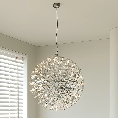 Spherical Metal Frame Chandelier With Small Bulbs Hanging Over White Walls And Window Blinds 3d model