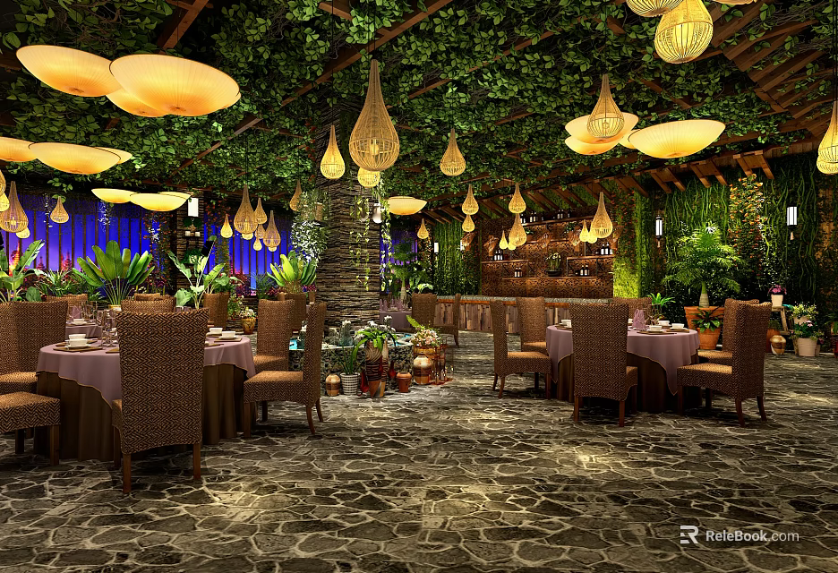 Lush Greenery Banquet Hall With Hanging Lantern Lights Dining Tables And Stone Floor 3d model 