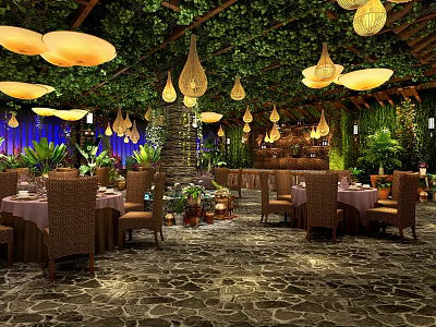 Lush Greenery Banquet Hall With Hanging Lantern Lights Dining Tables And Stone Floor 3d model