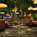 Lush Greenery Banquet Hall With Hanging Lantern Lights Dining Tables And Stone Floor