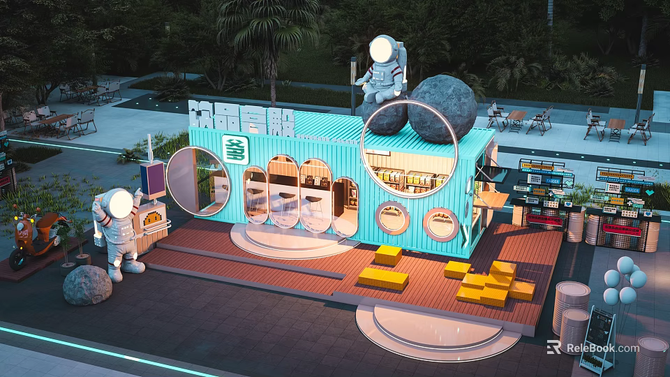 Unique Blue Container Cafe With Astronaut Statue Moon Decor Yellow Sofas And Outdoor Green Plants 3d model 