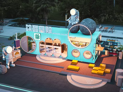 Unique Blue Container Cafe With Astronaut Statue Moon Decor Yellow Sofas And Outdoor Green Plants 3d model