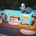 Unique Blue Container Cafe With Astronaut Statue Moon Decor Yellow Sofas And Outdoor Green Plants