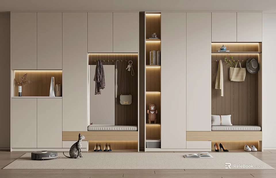 Modern Shoe Cabinet With Storage Coat Hanging Seating Bench And Decorative Elements 3d model