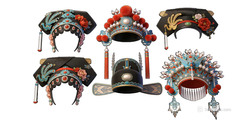Decorative Peking Opera Headpieces with Intricate Beads Feathers Tassels and Floral Ornaments 3d model 