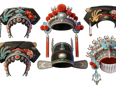Decorative Peking Opera Headpieces with Intricate Beads Feathers Tassels and Floral Ornaments 3d model