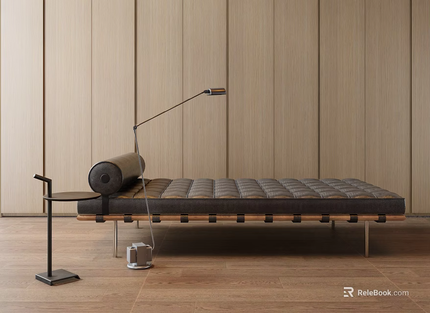 Modern Gray Upholstered Daybed With Floor Lamp Side Table Wooden Wall And Floor 3d model 