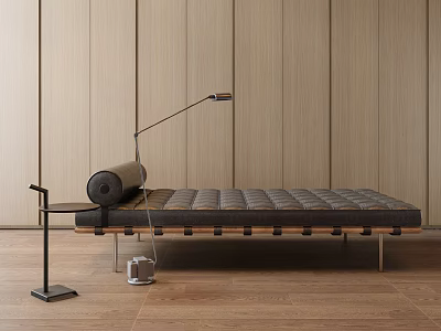 Modern Gray Upholstered Daybed With Floor Lamp Side Table Wooden Wall And Floor 3d model