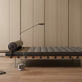 Modern Gray Upholstered Daybed With Floor Lamp Side Table Wooden Wall And Floor