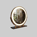 Round Illuminated Mirror with Gold Frame and Plant Curtain Reflection on Decorative Base