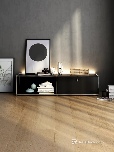 Sleek Black TV Stand With Metal Frame And Lighting Decorative Books And Ceramic Vase 3d model 