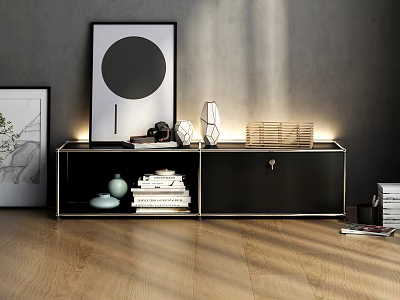 Sleek Black TV Stand With Metal Frame And Lighting Decorative Books And Ceramic Vase 3d model