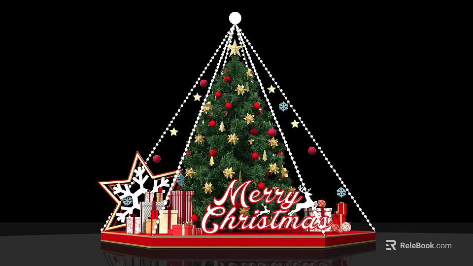 Festive Christmas Tree With Decorations Gifts And Merry Christmas Sign 3d model 