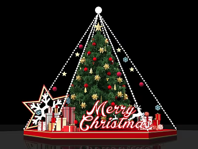 Festive Christmas Tree With Decorations Gifts And Merry Christmas Sign 3d model