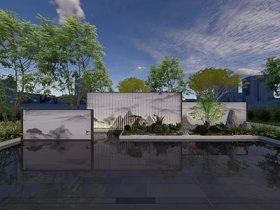 Chinese Style Scenic Wall With Water Pool Reflection And Green Plants In Garden Landscape 3d model