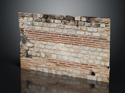 Vintage Brick Wall With Weathered Red And Beige Bricks Worn Surface And Small Hole 3d model