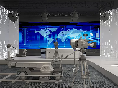 Professional Studio Setup With Large World Map Screen Cameras And Lighting 3d model