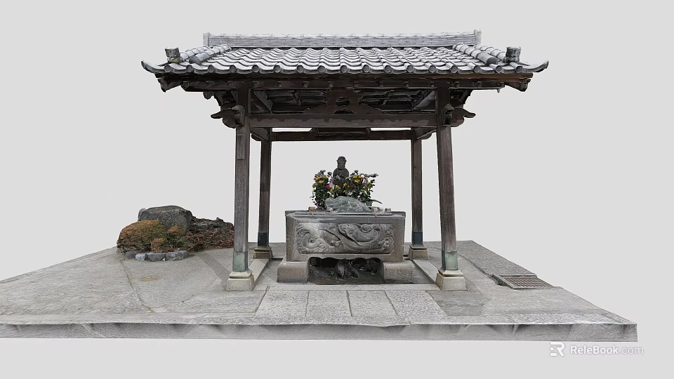 Traditional Wooden Pavilion Featuring Carved Stone Container Decorative Plants And Roof Tiles 3d model 
