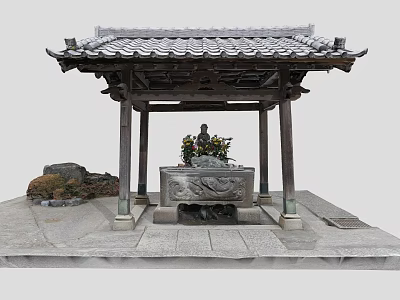 Traditional Wooden Pavilion Featuring Carved Stone Container Decorative Plants And Roof Tiles 3d model