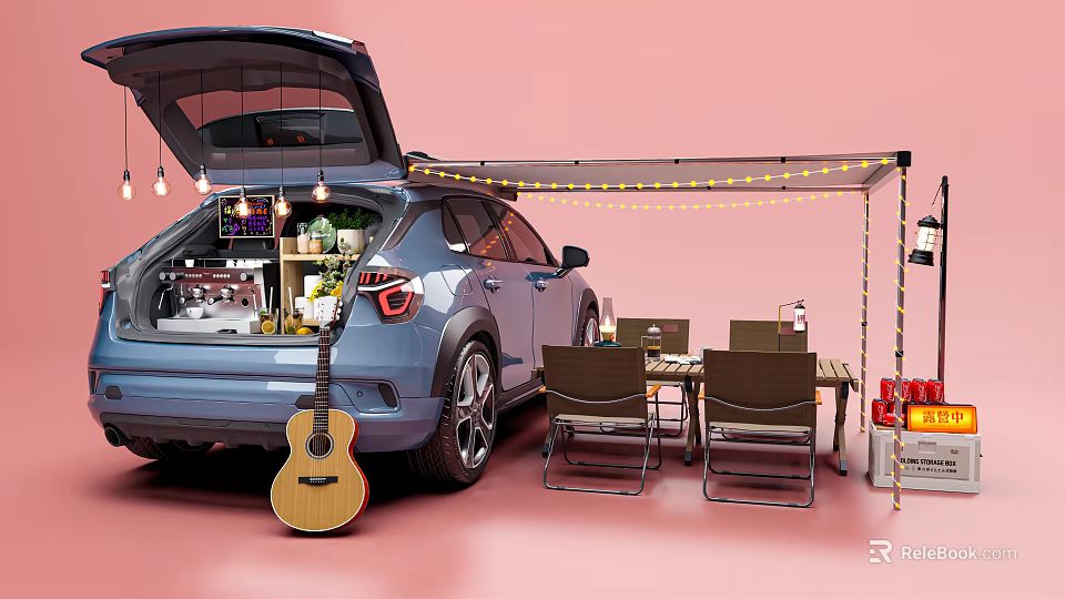 Outdoor Camping Setup With Blue Car Open Trunk Tables Chairs Guitar And String Lights 3d model 