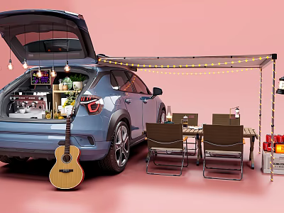 Outdoor Camping Setup With Blue Car Open Trunk Tables Chairs Guitar And String Lights 3d model