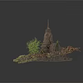 Modern Outdoor Decorative Scene With Stone Structure Green Plants And Scattered Rocks