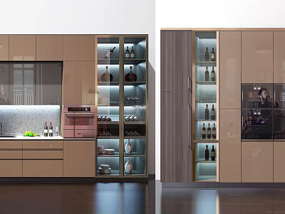 Elegant Modern Kitchen Cabinets With Glass Doors Built In Lighting And Wine Racks 3d model