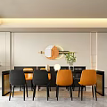 Modern Dining Table Set With Glass Top Black Orange Chairs And Potted Plant