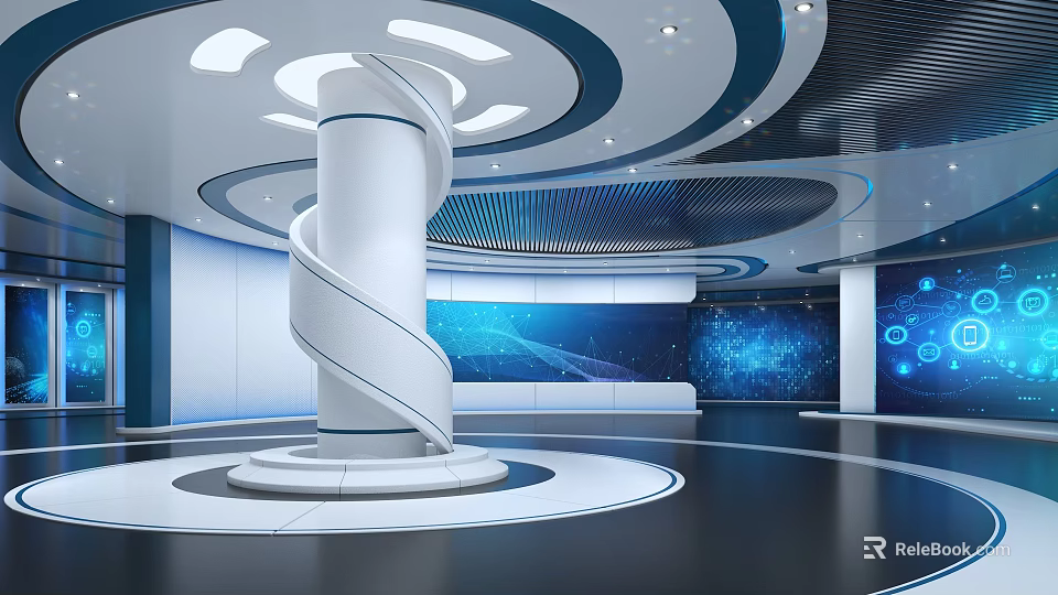 Modern Exhibition Hall Featuring Spiral Column Circular Ceiling Lighting And Blue Tech Inspired Background Screen 3d model 