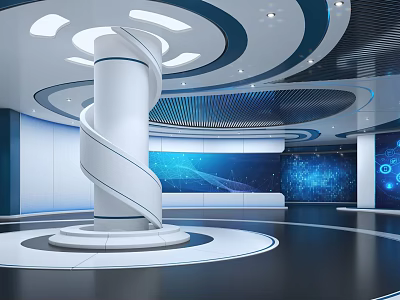 Modern Exhibition Hall Featuring Spiral Column Circular Ceiling Lighting And Blue Tech Inspired Background Screen 3d model